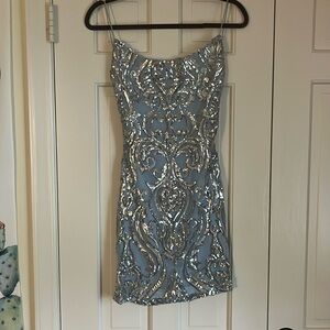 blue and silver sparkly homecoming dress